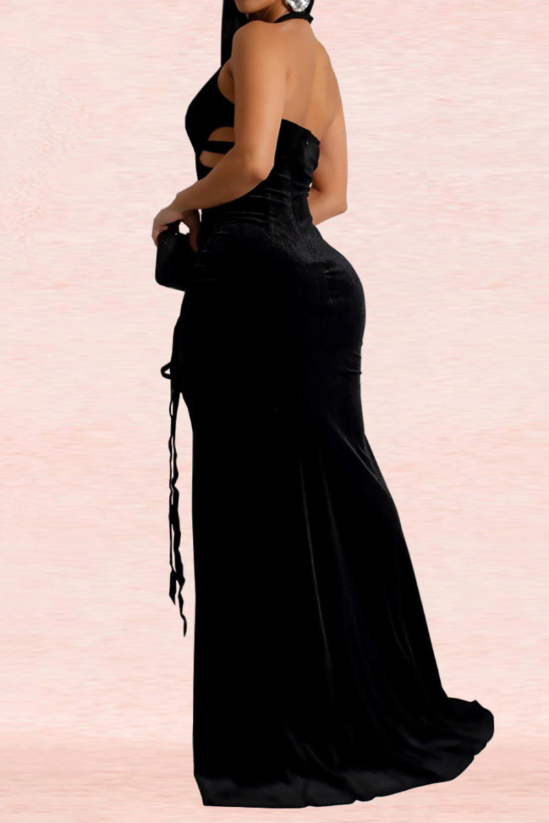 Velvet Halter Neck Lace-Up Maxi Dress-Black