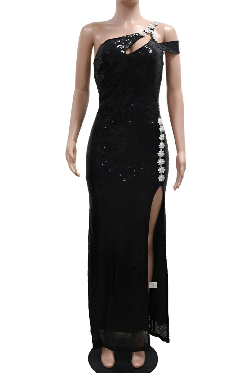 High Slit Sequin Rhinestone Cluster Maxi Dress