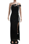 High Slit Sequin Rhinestone Cluster Maxi Dress