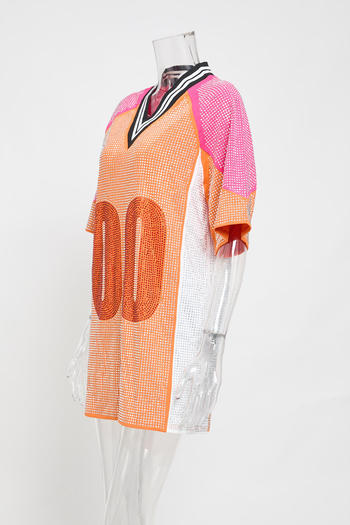 Sparkling Plus Size Rhinestone Mini Dress, Loose Fit, Contrast Color Accents