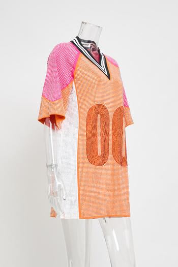 Sparkling Plus Size Rhinestone Mini Dress, Loose Fit, Contrast Color Accents