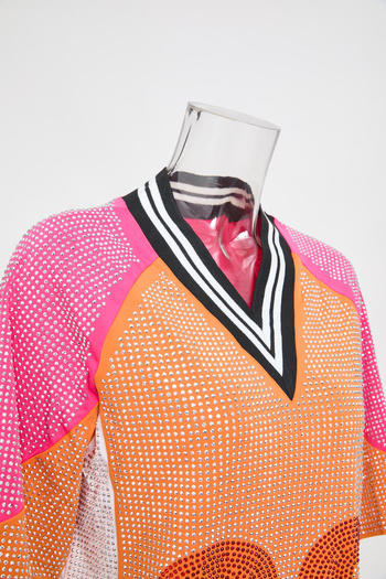 Sparkling Plus Size Rhinestone Mini Dress, Loose Fit, Contrast Color Accents