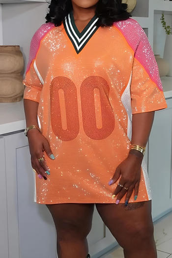 Sparkling Plus Size Rhinestone Mini Dress, Loose Fit, Contrast Color Accents
