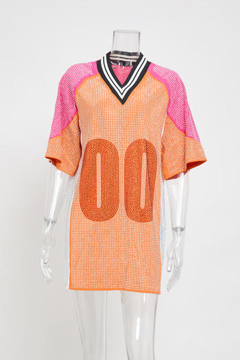 Sparkling Plus Size Rhinestone Mini Dress, Loose Fit, Contrast Color Accents