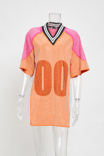 Sparkling Plus Size Rhinestone Mini Dress, Loose Fit, Contrast Color Accents