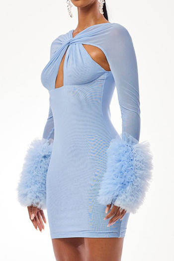 Slight Stretch See-Through Mesh Hollow Out Bodycon Mini Dress with Feather Cuffs