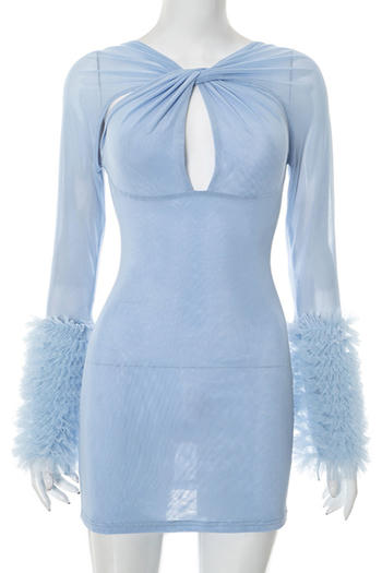 Slight Stretch See-Through Mesh Hollow Out Bodycon Mini Dress with Feather Cuffs