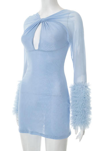 Slight Stretch See-Through Mesh Hollow Out Bodycon Mini Dress with Feather Cuffs
