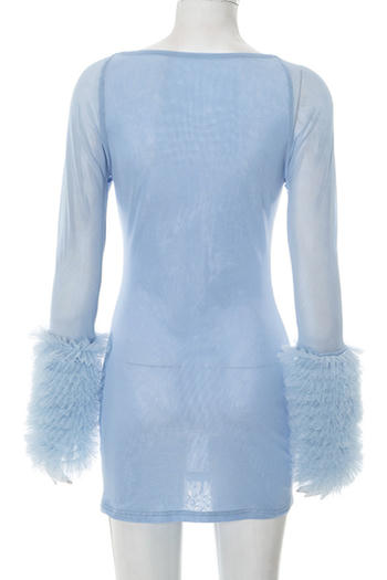 Slight Stretch See-Through Mesh Hollow Out Bodycon Mini Dress with Feather Cuffs