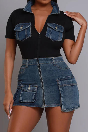Chic Plus Size Denim Patchwork Mini Dress with Pockets and Stretch