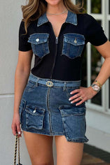 Chic Plus Size Denim Patchwork Mini Dress with Pockets and Stretch