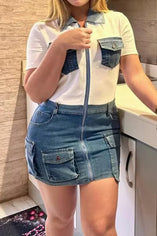 Chic Plus Size Denim Patchwork Mini Dress with Pockets and Stretch