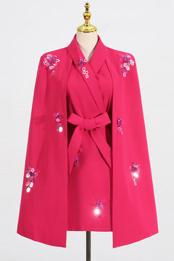 Elegant Sequined Belted Cape Waist Mini Dress for Dazzling Party Style