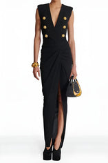 Elegant Women's V-Neck Mesh Stitching Black Maxi Dress for Office