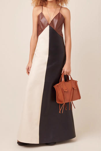 Elegant Plus Size Color Block Maxi Dress - Non-Stretch PU Sling Design