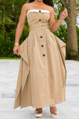 Elegant Plus Size Non-Stretch Contrast Color Maxi Dress with Button Details