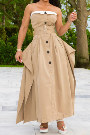 Elegant Plus Size Non-Stretch Contrast Color Maxi Dress with Button Details