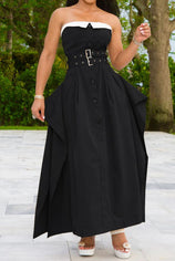 Elegant Plus Size Non-Stretch Contrast Color Maxi Dress with Button Details