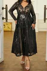 Glamorous Plus Size Stretch Sequin V-Neck Maxi Dress - Padded & Lined