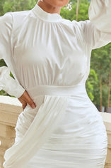 Stylish Non-Stretch Ruched Mini Dress with Elegant Lantern Sleeves