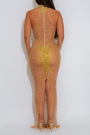 Dazzling Plus-Size Rhinestone Mesh Maxi Dress with Slit - Glamorous Evening Wear