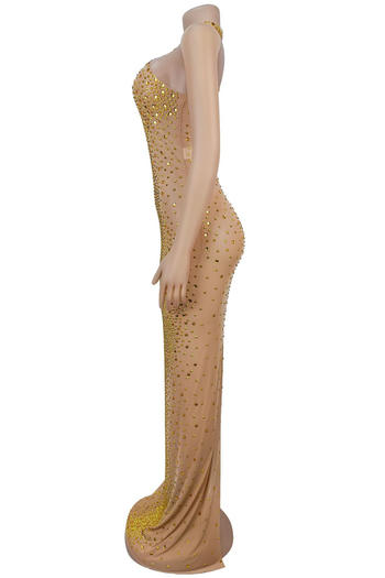 Dazzling Plus-Size Rhinestone Mesh Maxi Dress with Slit - Glamorous Evening Wear