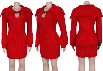 Comfortable Plus Size Stretch Knit Mini Dress with Lantern Sleeves