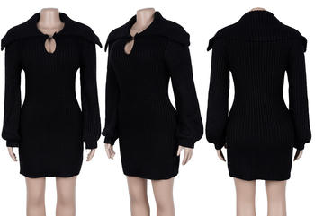 Comfortable Plus Size Stretch Knit Mini Dress with Lantern Sleeves
