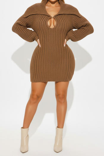 Comfortable Plus Size Stretch Knit Mini Dress with Lantern Sleeves