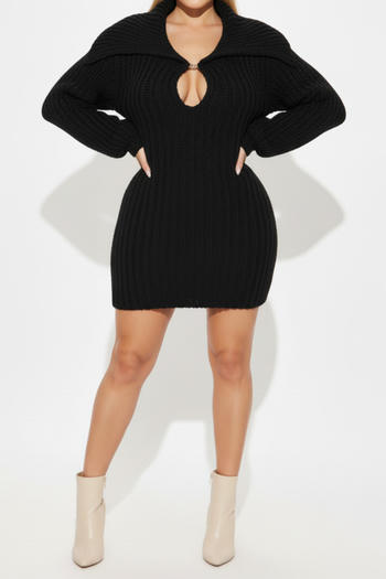 Comfortable Plus Size Stretch Knit Mini Dress with Lantern Sleeves