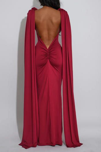 Elegant Plus-Size Pleated Backless Maxi Dress - Solid Color Stretch Fabric