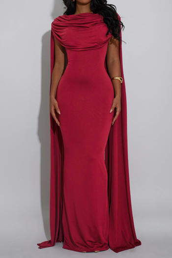 Elegant Plus-Size Pleated Backless Maxi Dress - Solid Color Stretch Fabric