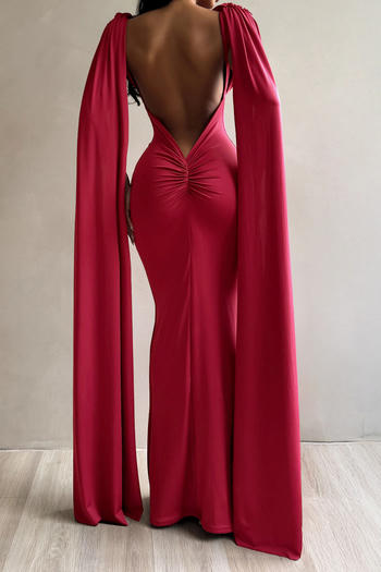 Elegant Plus-Size Pleated Backless Maxi Dress - Solid Color Stretch Fabric