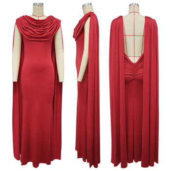Elegant Plus-Size Pleated Backless Maxi Dress - Solid Color Stretch Fabric