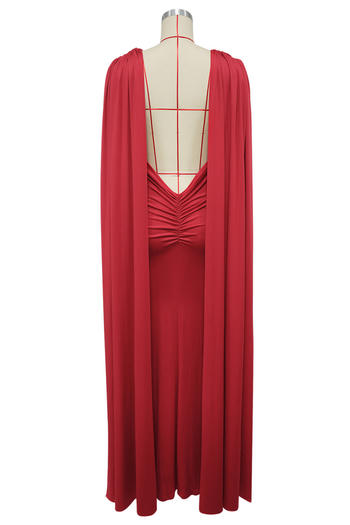Elegant Plus-Size Pleated Backless Maxi Dress - Solid Color Stretch Fabric
