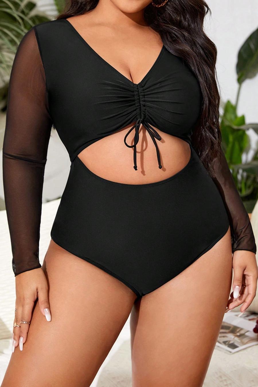Plus-Size Long Sleeve Cut-Out One-Piece Swimsuit