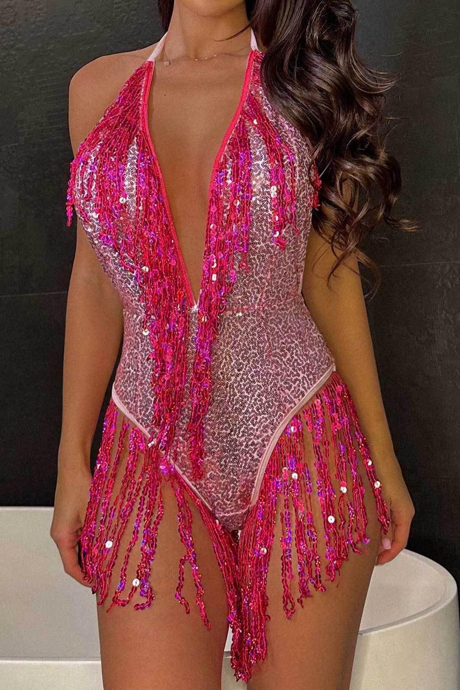 Pink Sequin Tassel Swimsuit