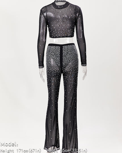 Photo Op Sheer Rhinestone Crop Top and Pants Set