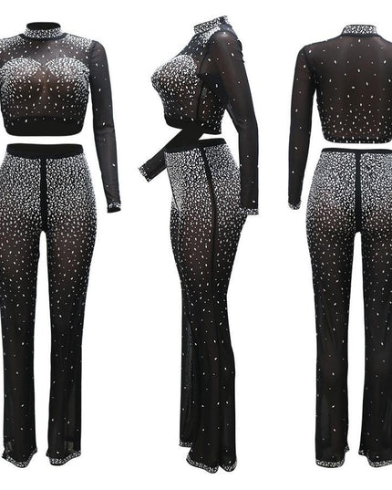 Photo Op Sheer Rhinestone Crop Top and Pants Set