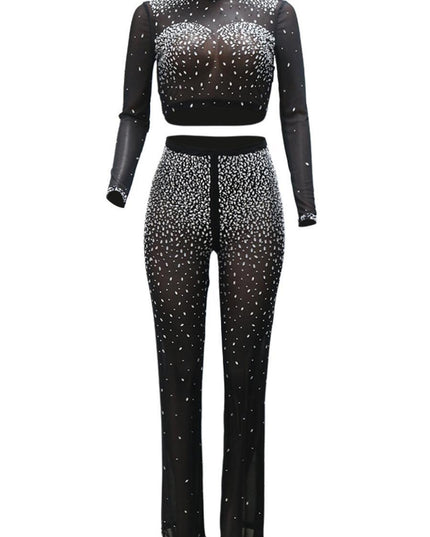 Photo Op Sheer Rhinestone Crop Top and Pants Set