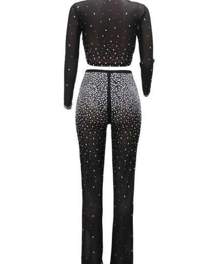 Photo Op Sheer Rhinestone Crop Top and Pants Set