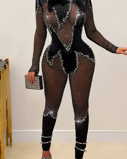 Crystal Illusion Mesh Rhinestone Jumpsuit