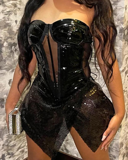 Sequin Decor Tube Top Skater Mini Dress