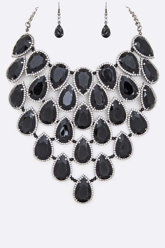 Black and silver layered tear drop necklace earring set