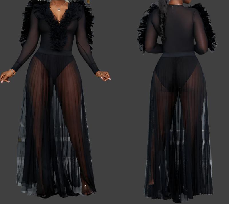 Sheer Bodysuit Maxi Skirt Set-Blazing Beauy