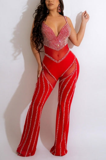 Stylish Rhinestone Deep V-Neck Plus Size Jumpsuit