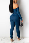 On Point Bare Shoulder Lace Up Denim Jumpsuit