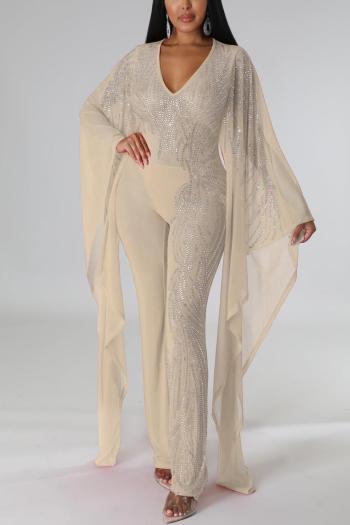 Sparkling Rhinestone V-Neck Jumpsuit: Elegant Stretch Long Sleeve Evening Romper