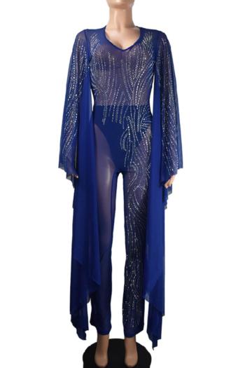 Sparkling Rhinestone V-Neck Jumpsuit: Elegant Stretch Long Sleeve Evening Romper
