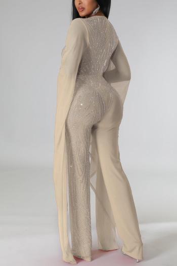 Sparkling Rhinestone V-Neck Jumpsuit: Elegant Stretch Long Sleeve Evening Romper